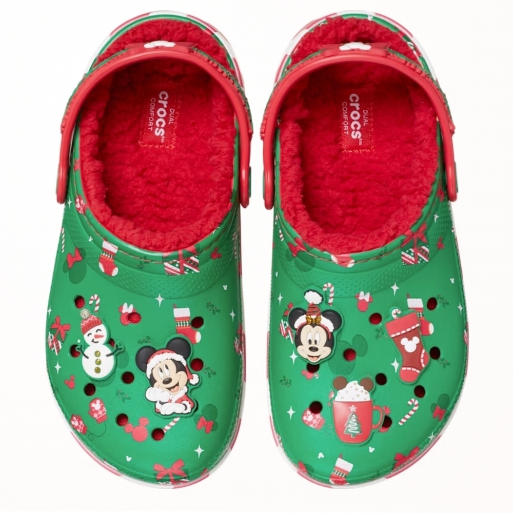 CROCS Green Clogs with Red Fleece Lining